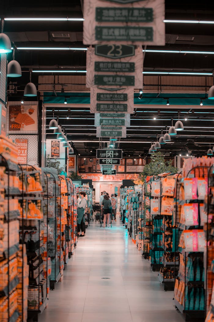A bustling scene inside a supermarket aisle with shoppers and filled shelves under bright lighting.
